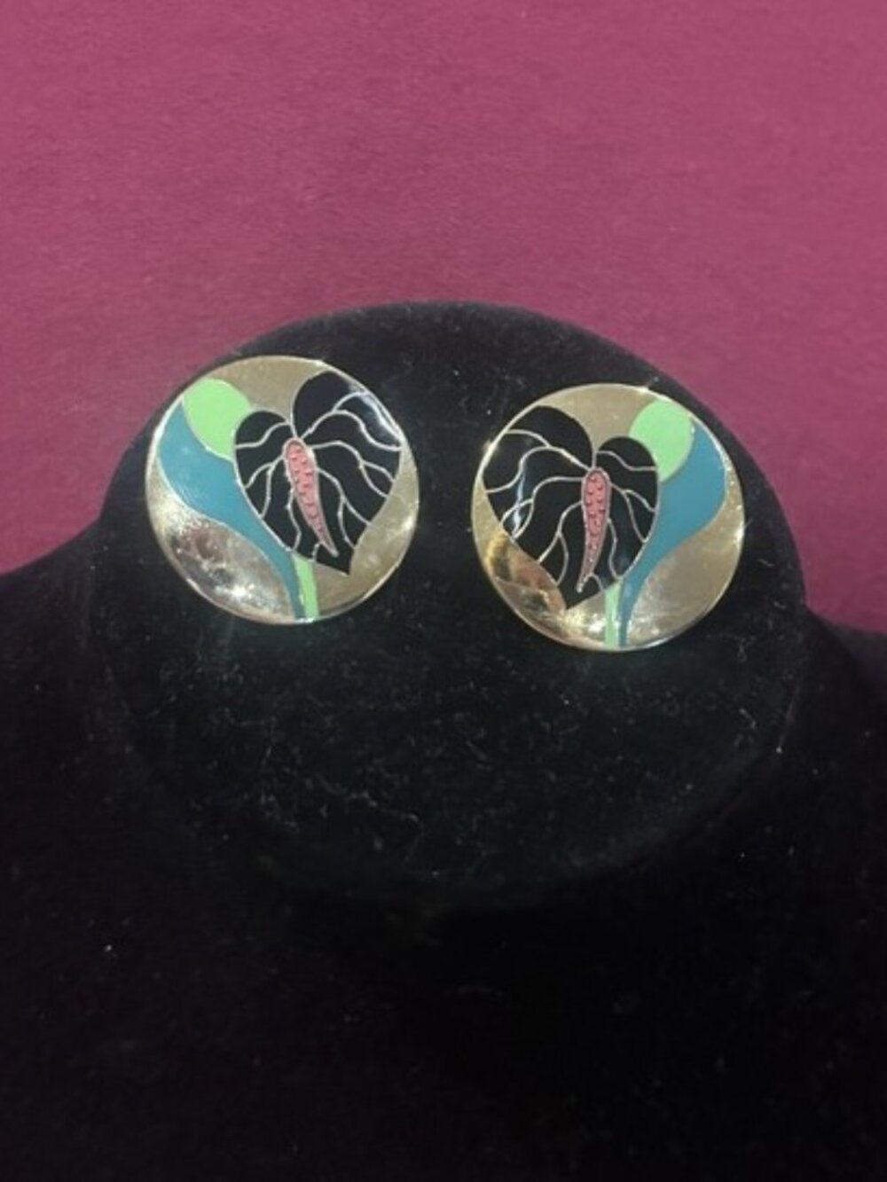 LAUREL BURCH “Antherium” Floral Cloisonné Enamel Round EARRINGS